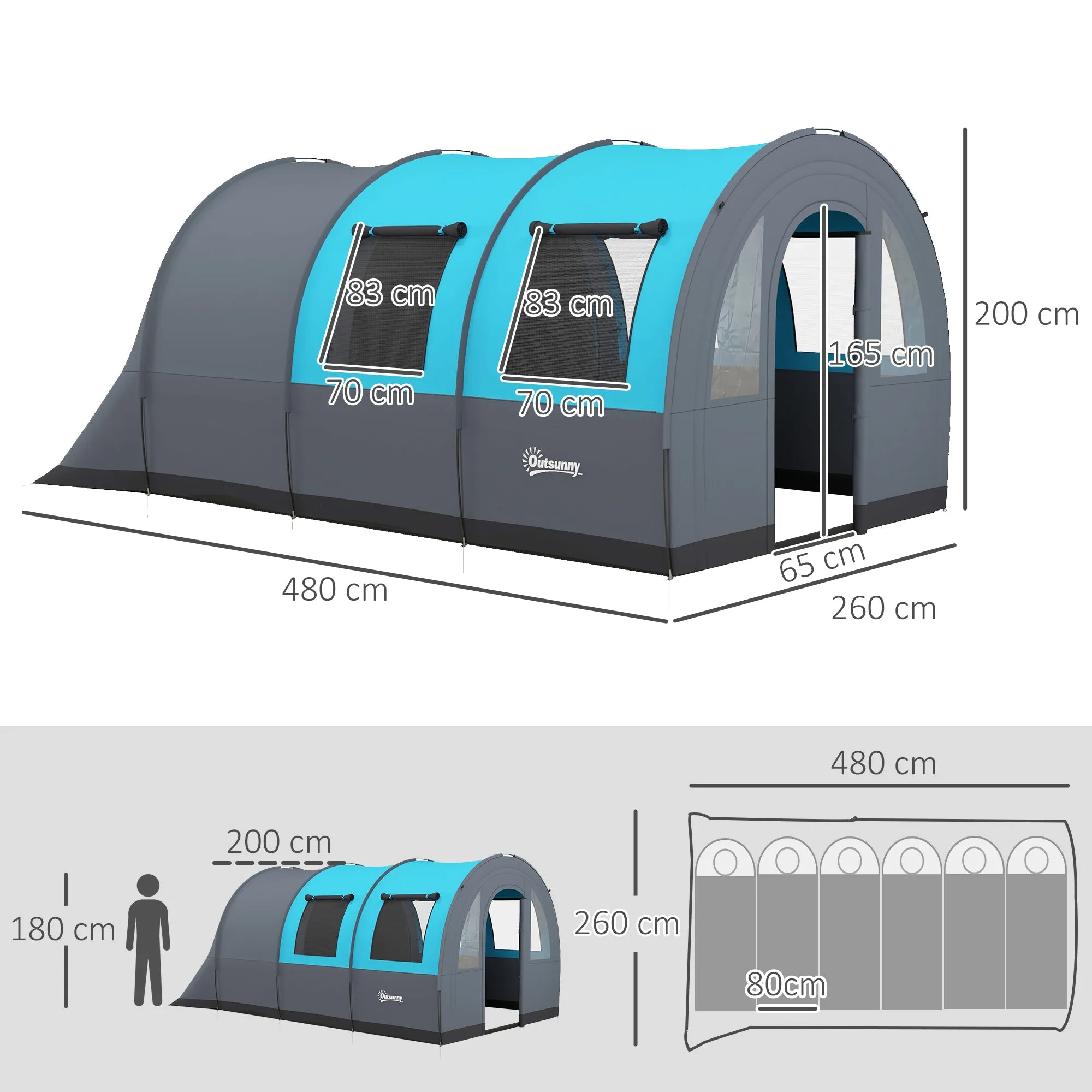 Six Man Duo Room Tunnel Tent, with Accessories - Grey/Blue