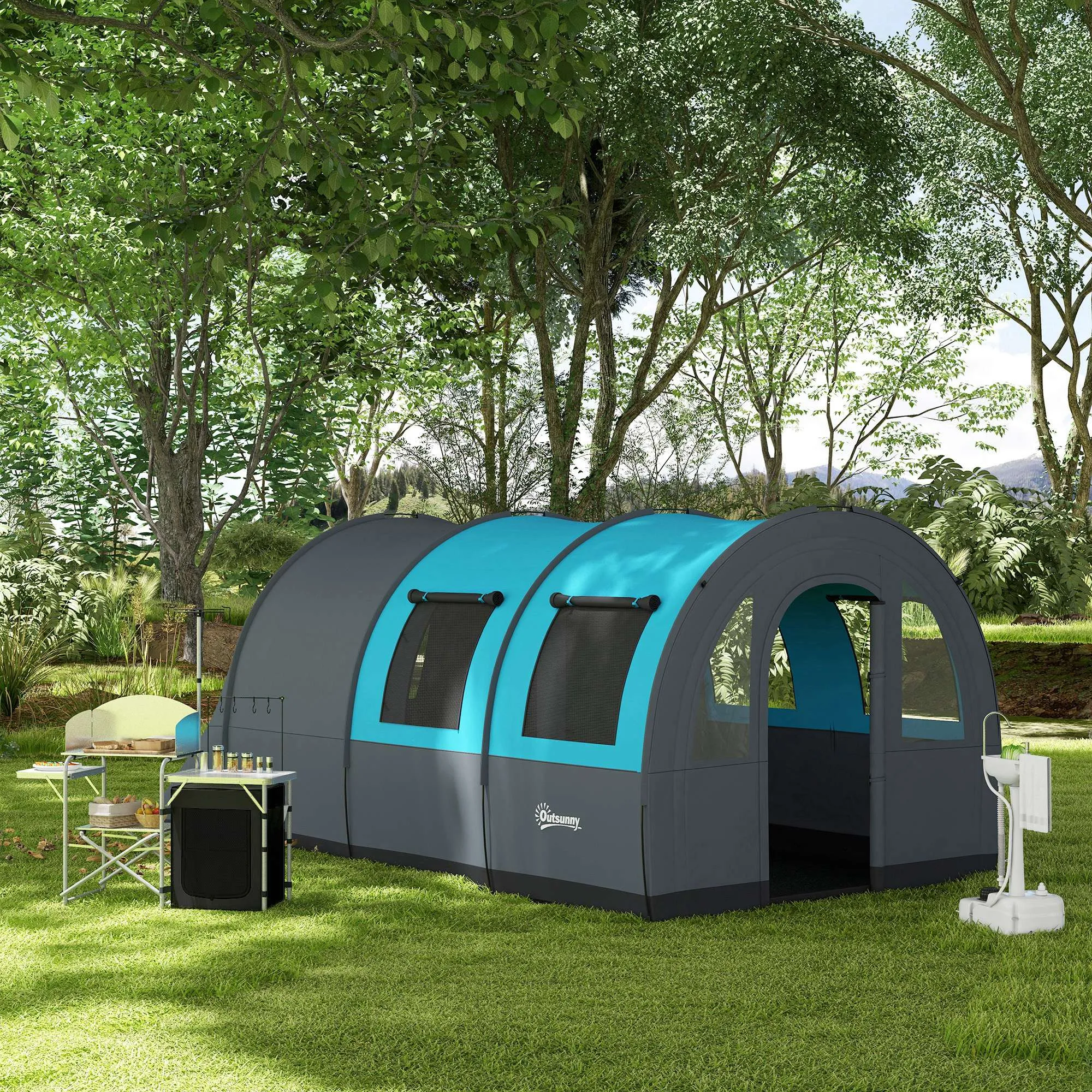 Six Man Duo Room Tunnel Tent, with Accessories - Grey/Blue