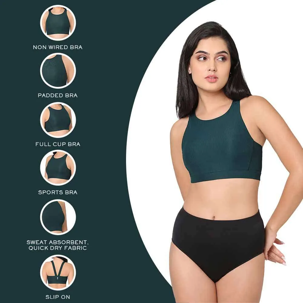Sports Lover Padded Non-wired High Neck Medium Intensity Full coverage Sports Bra - Green