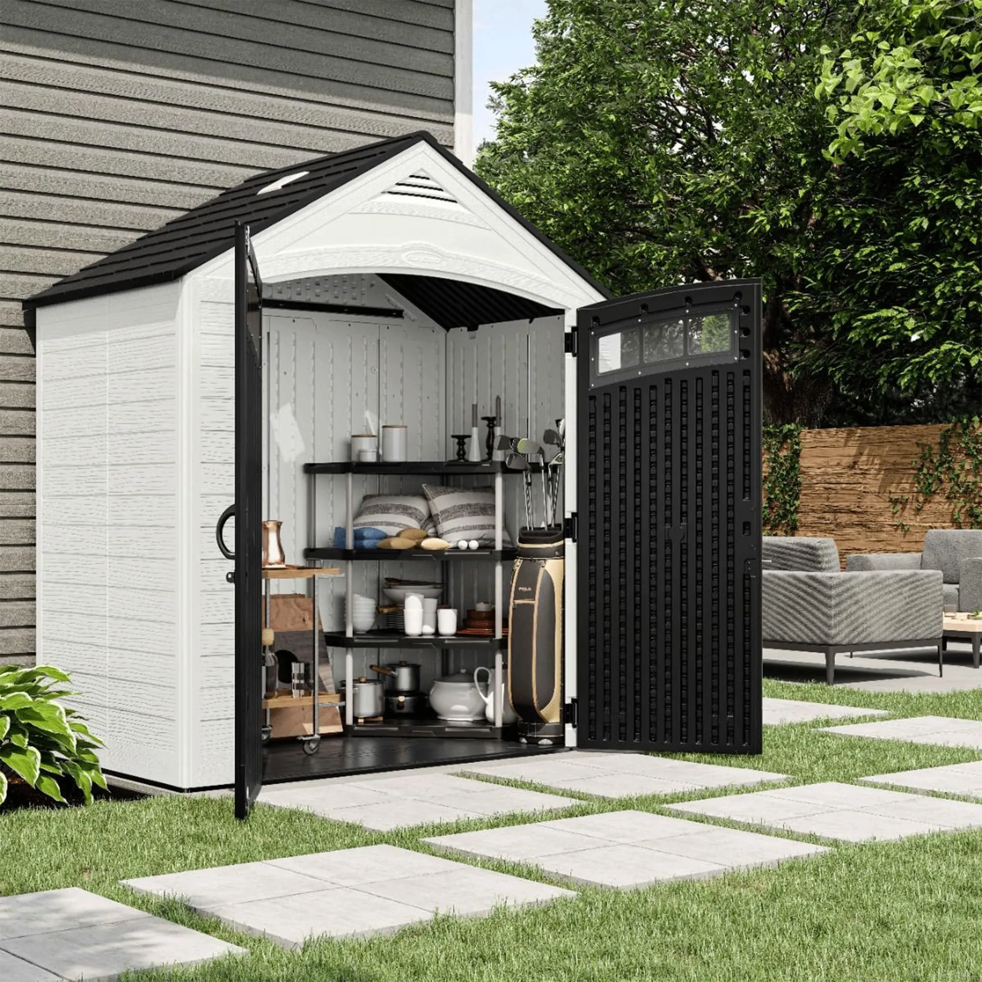 Suncast Vista 7' x 4' Outdoor Storage Shed with Pad-Lockable Double Doors and IllumiVent System, All-Weather Shed for Yard Storage, Brown