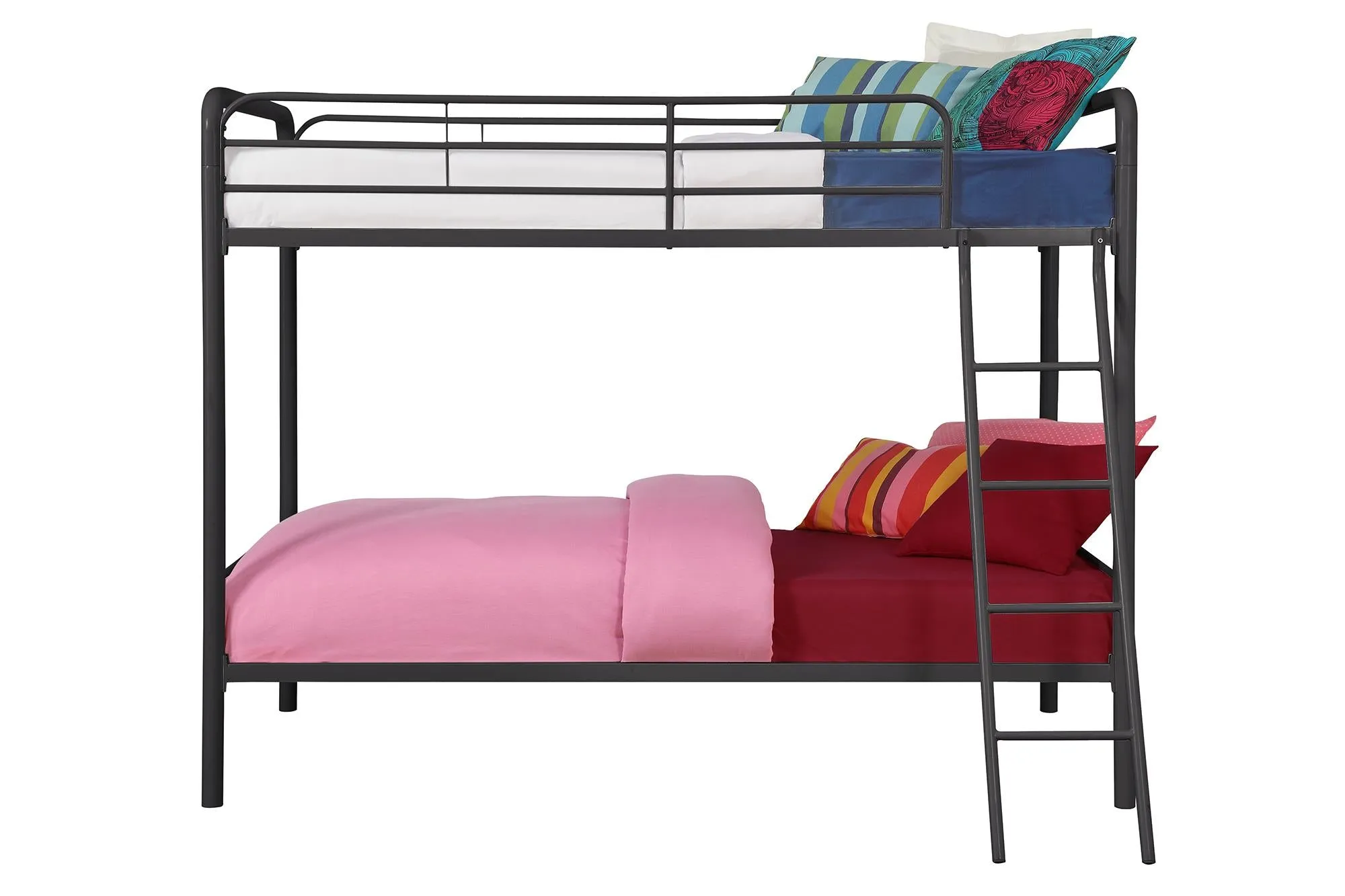 Twin over Twin Metal Bunk Bed with Slanted Front Ladder and Guardrails