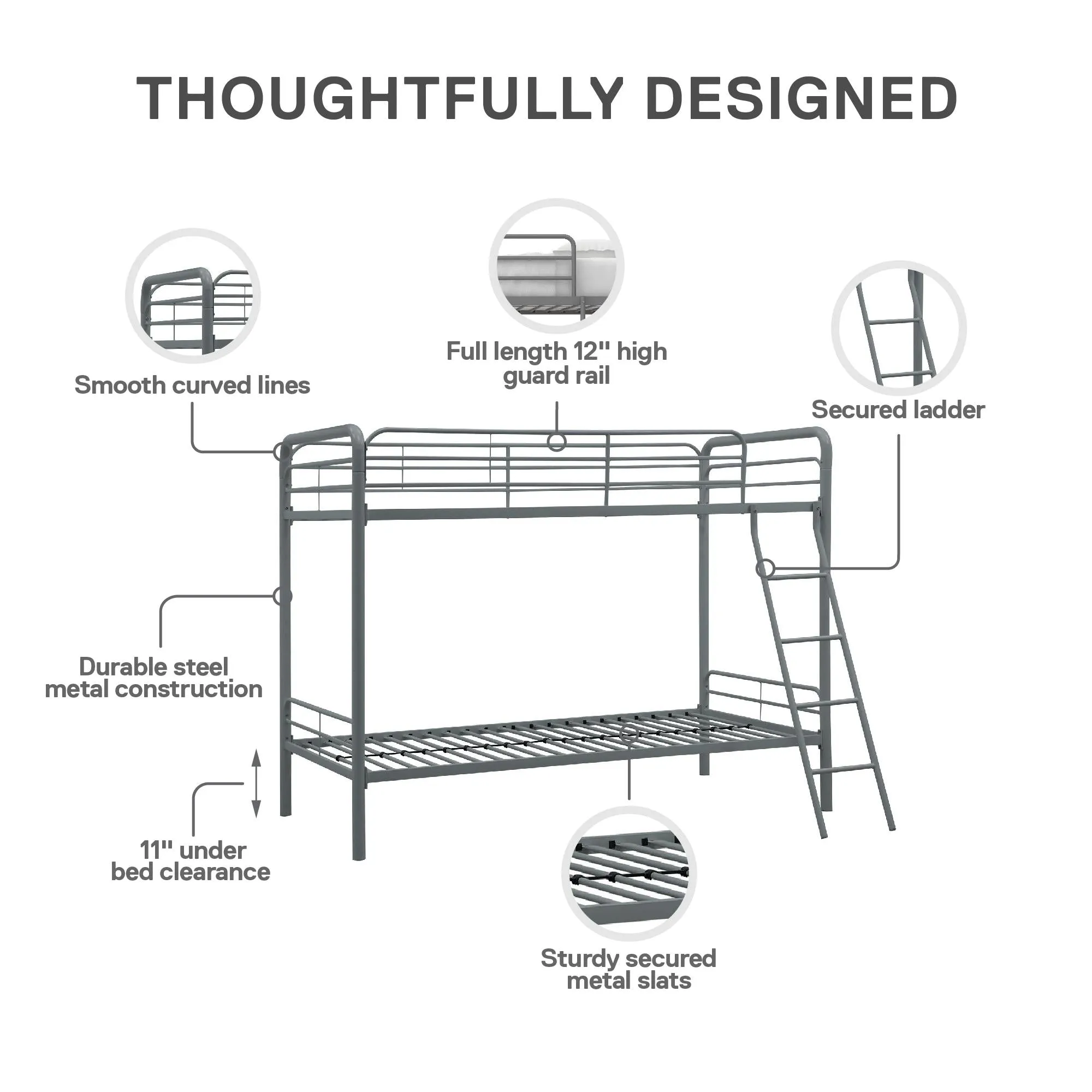 Twin over Twin Metal Bunk Bed with Slanted Front Ladder and Guardrails