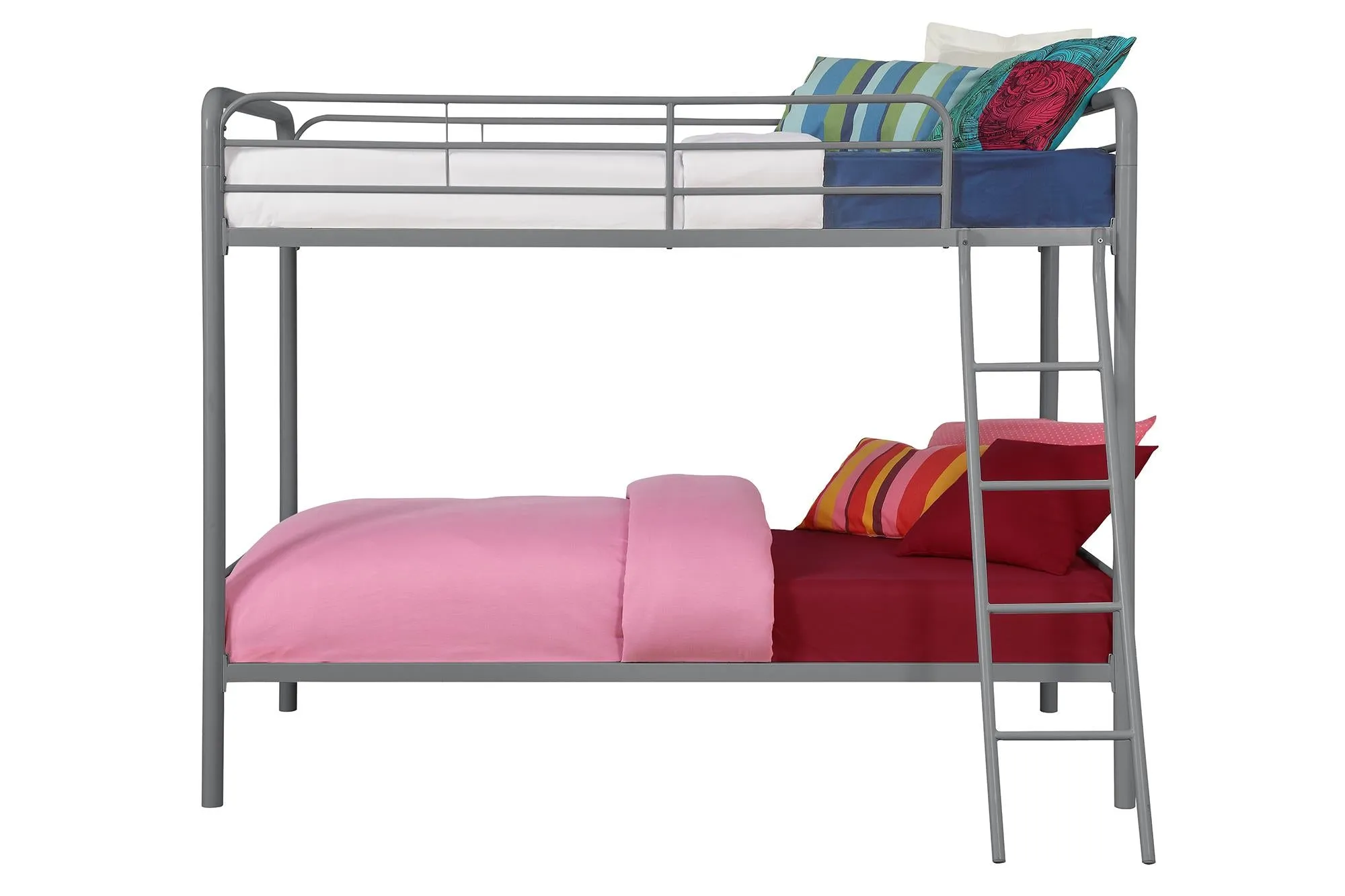 Twin over Twin Metal Bunk Bed with Slanted Front Ladder and Guardrails