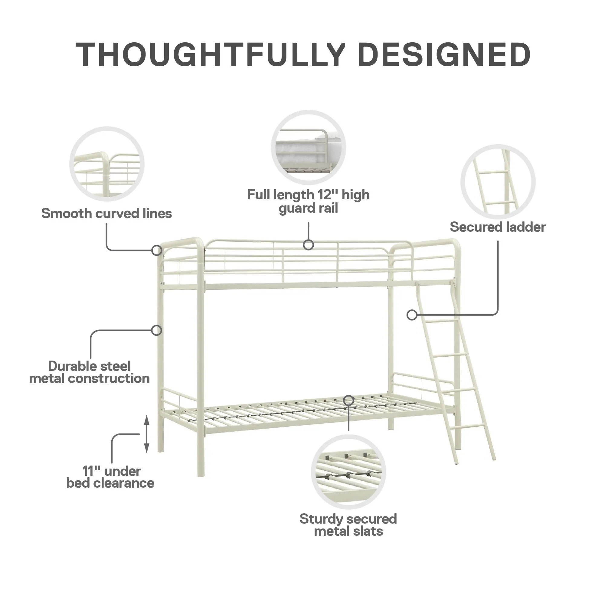 Twin over Twin Metal Bunk Bed with Slanted Front Ladder and Guardrails