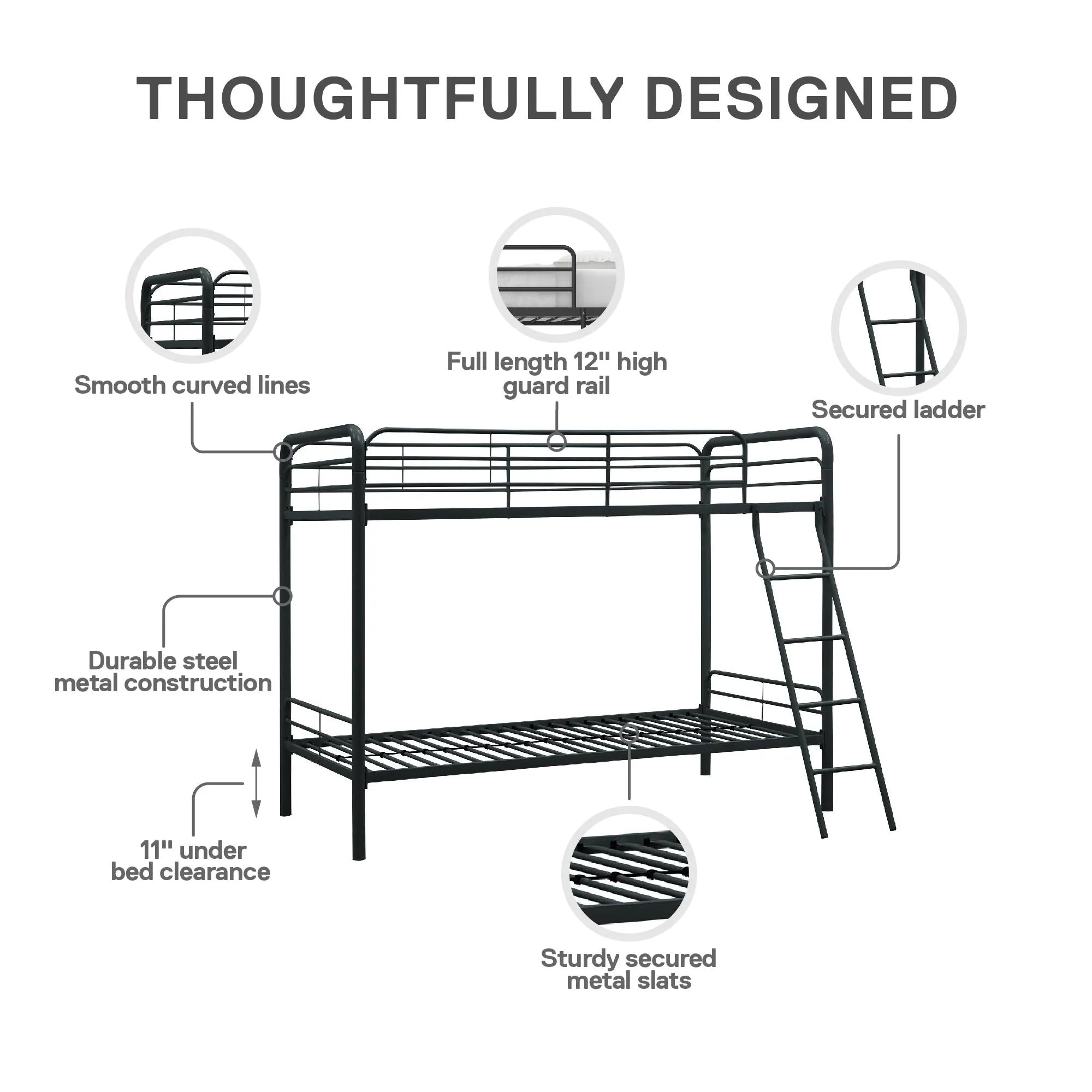 Twin over Twin Metal Bunk Bed with Slanted Front Ladder and Guardrails