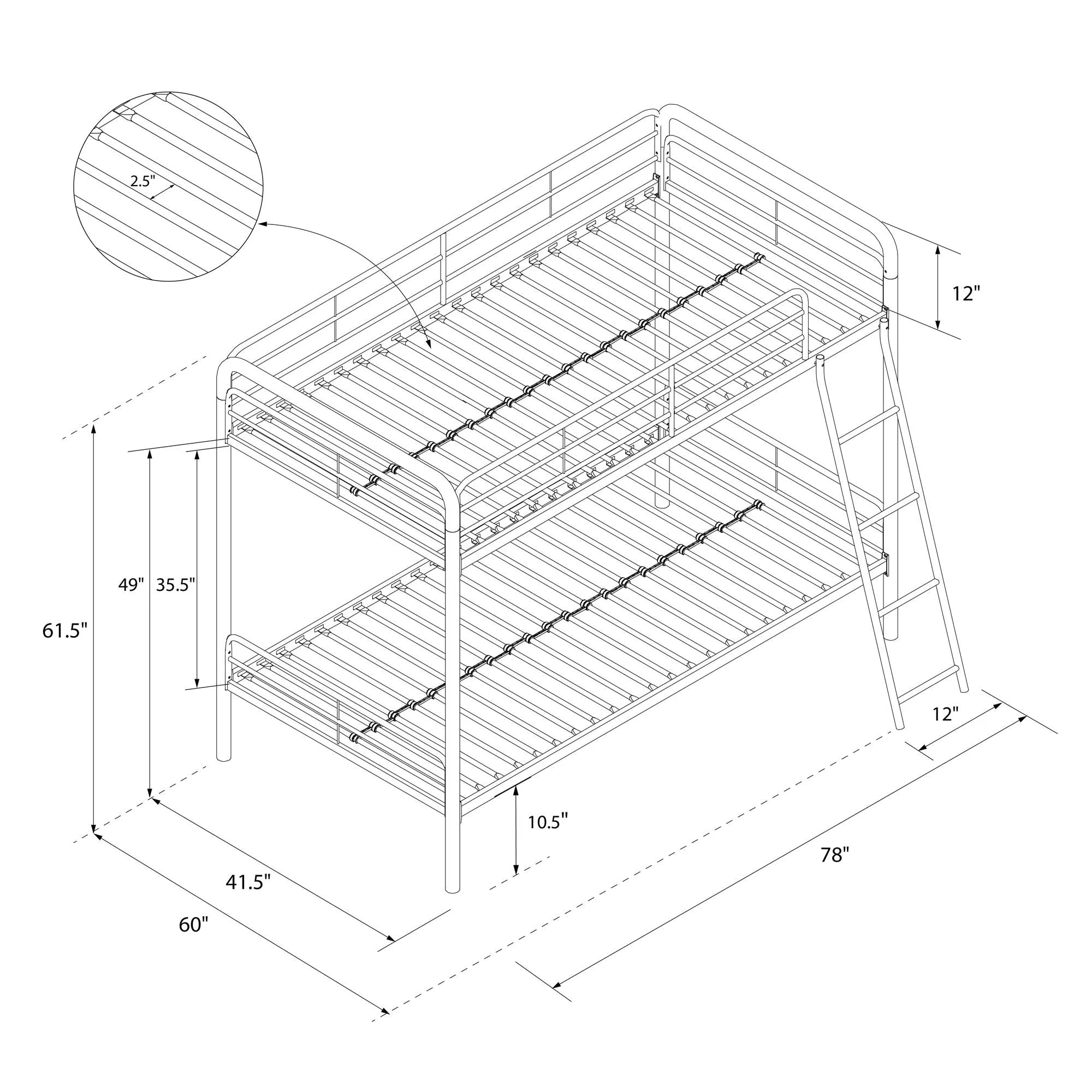 Twin over Twin Metal Bunk Bed with Slanted Front Ladder and Guardrails