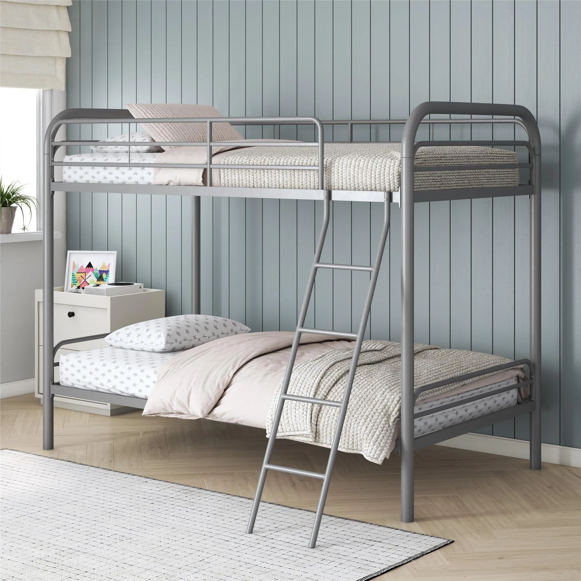 Twin over Twin Metal Bunk Bed with Slanted Front Ladder and Guardrails