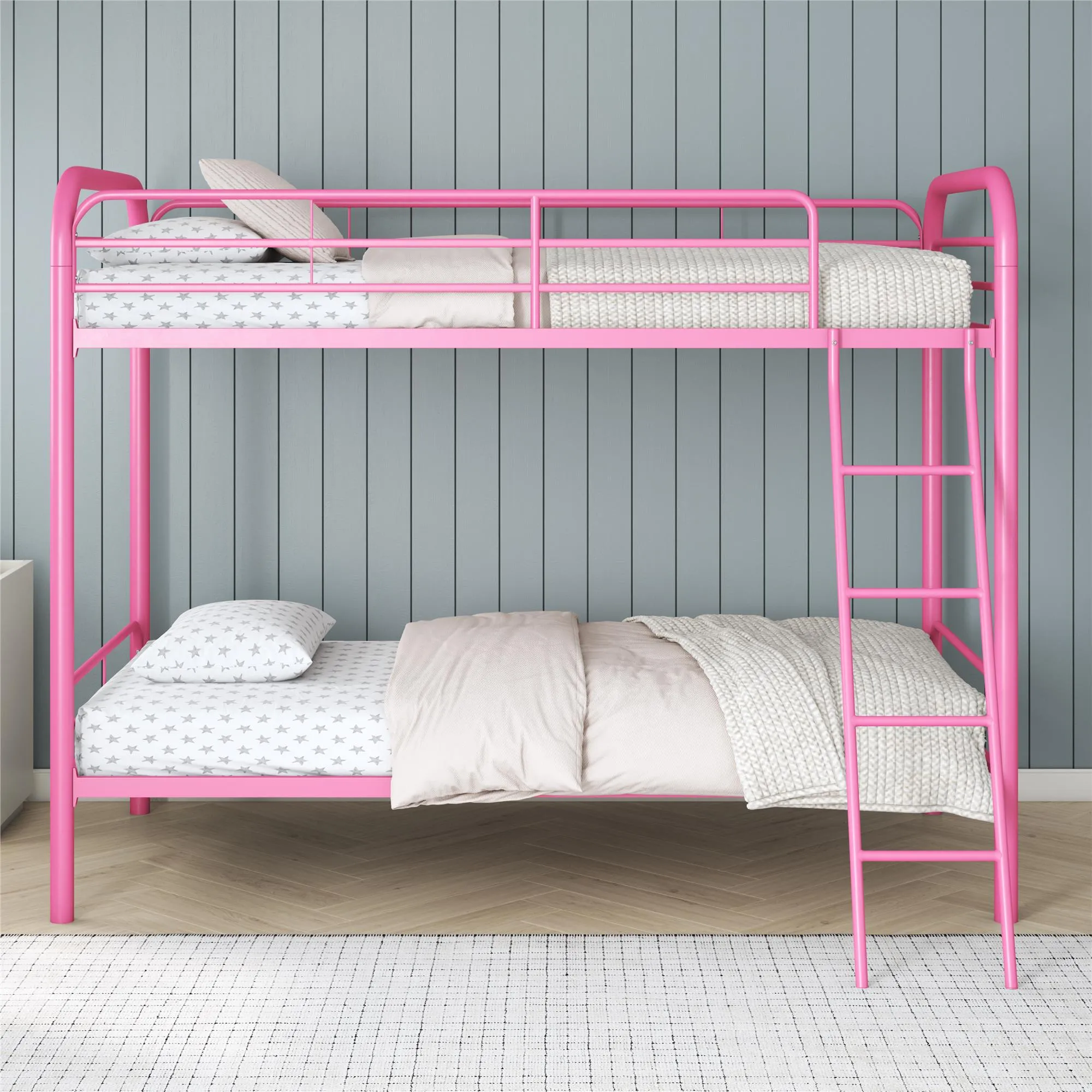 Twin over Twin Metal Bunk Bed with Slanted Front Ladder and Guardrails