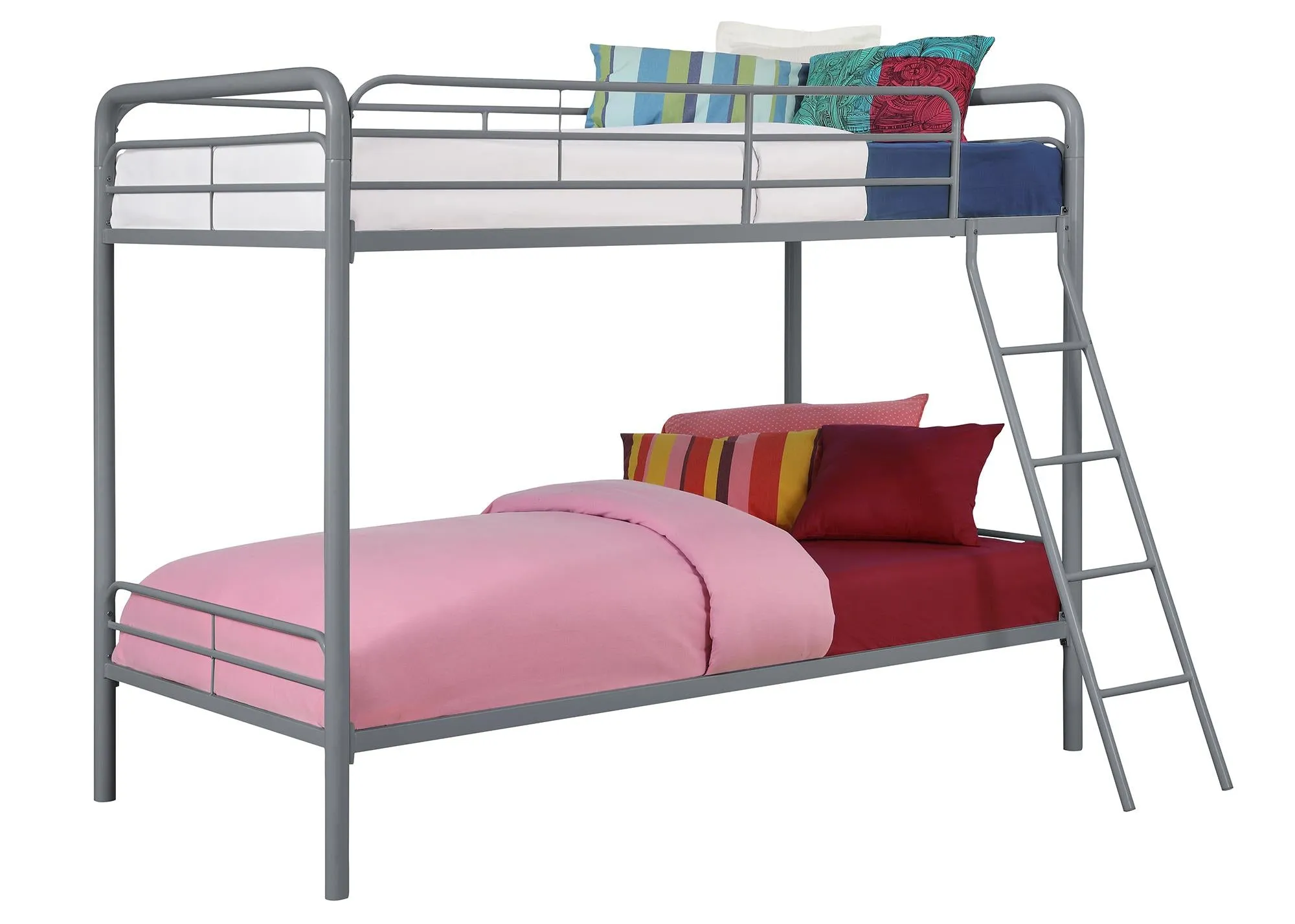 Twin over Twin Metal Bunk Bed with Slanted Front Ladder and Guardrails