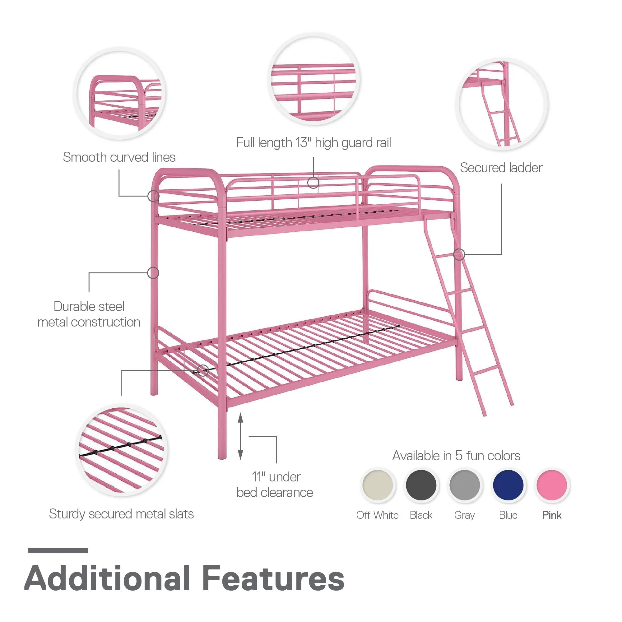 Twin over Twin Metal Bunk Bed with Slanted Front Ladder and Guardrails