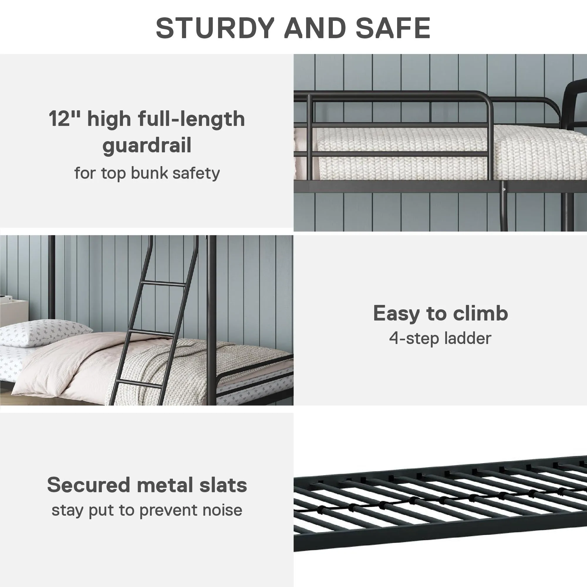 Twin over Twin Metal Bunk Bed with Slanted Front Ladder and Guardrails