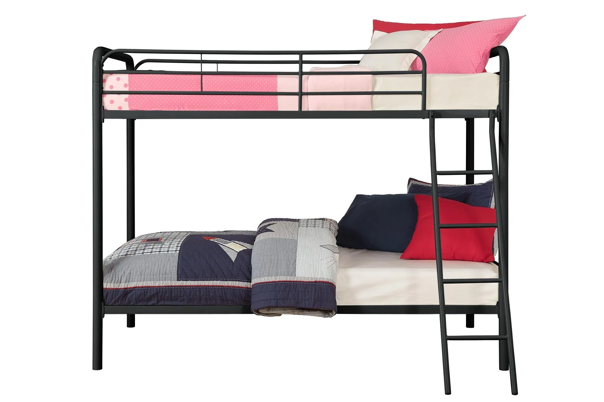 Twin over Twin Metal Bunk Bed with Slanted Front Ladder and Guardrails