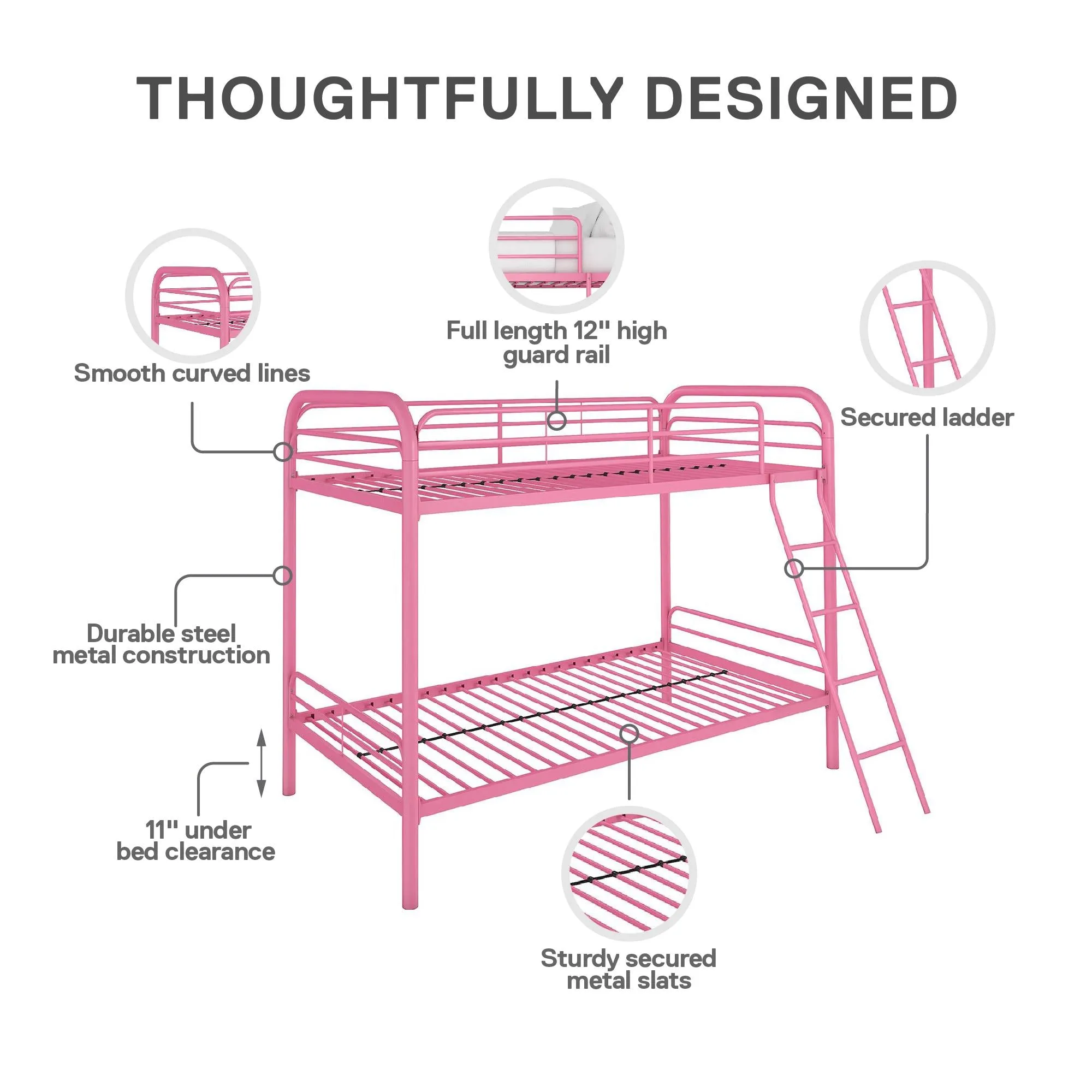 Twin over Twin Metal Bunk Bed with Slanted Front Ladder and Guardrails