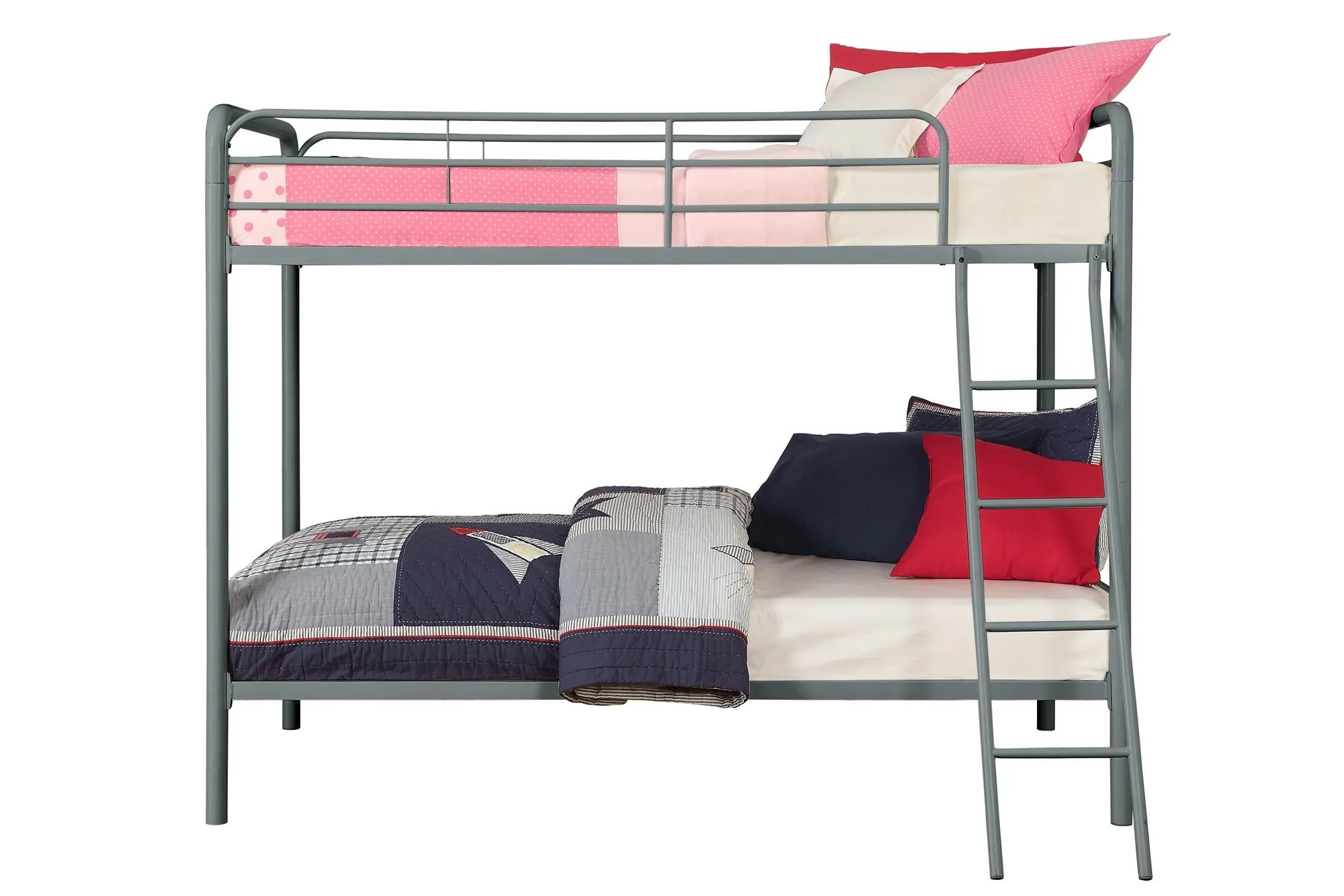 Twin over Twin Metal Bunk Bed with Slanted Front Ladder and Guardrails