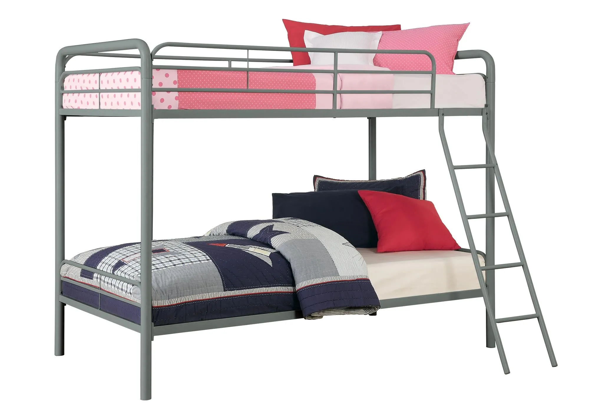 Twin over Twin Metal Bunk Bed with Slanted Front Ladder and Guardrails