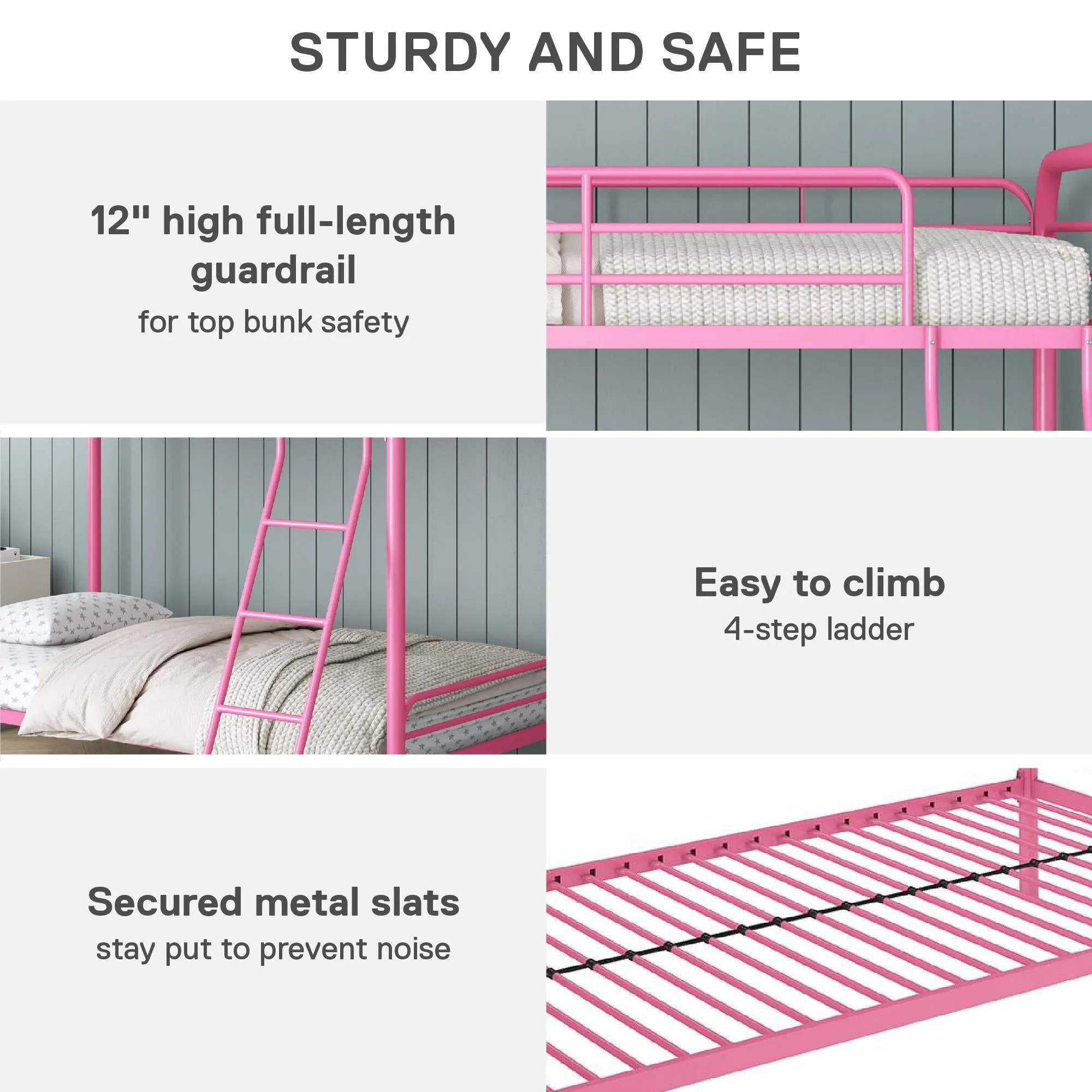 Twin over Twin Metal Bunk Bed with Slanted Front Ladder and Guardrails