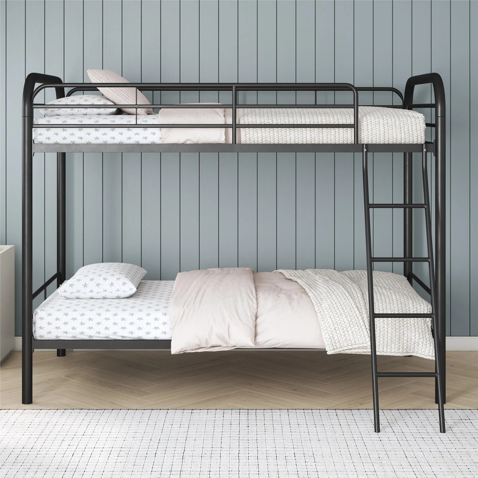 Twin over Twin Metal Bunk Bed with Slanted Front Ladder and Guardrails
