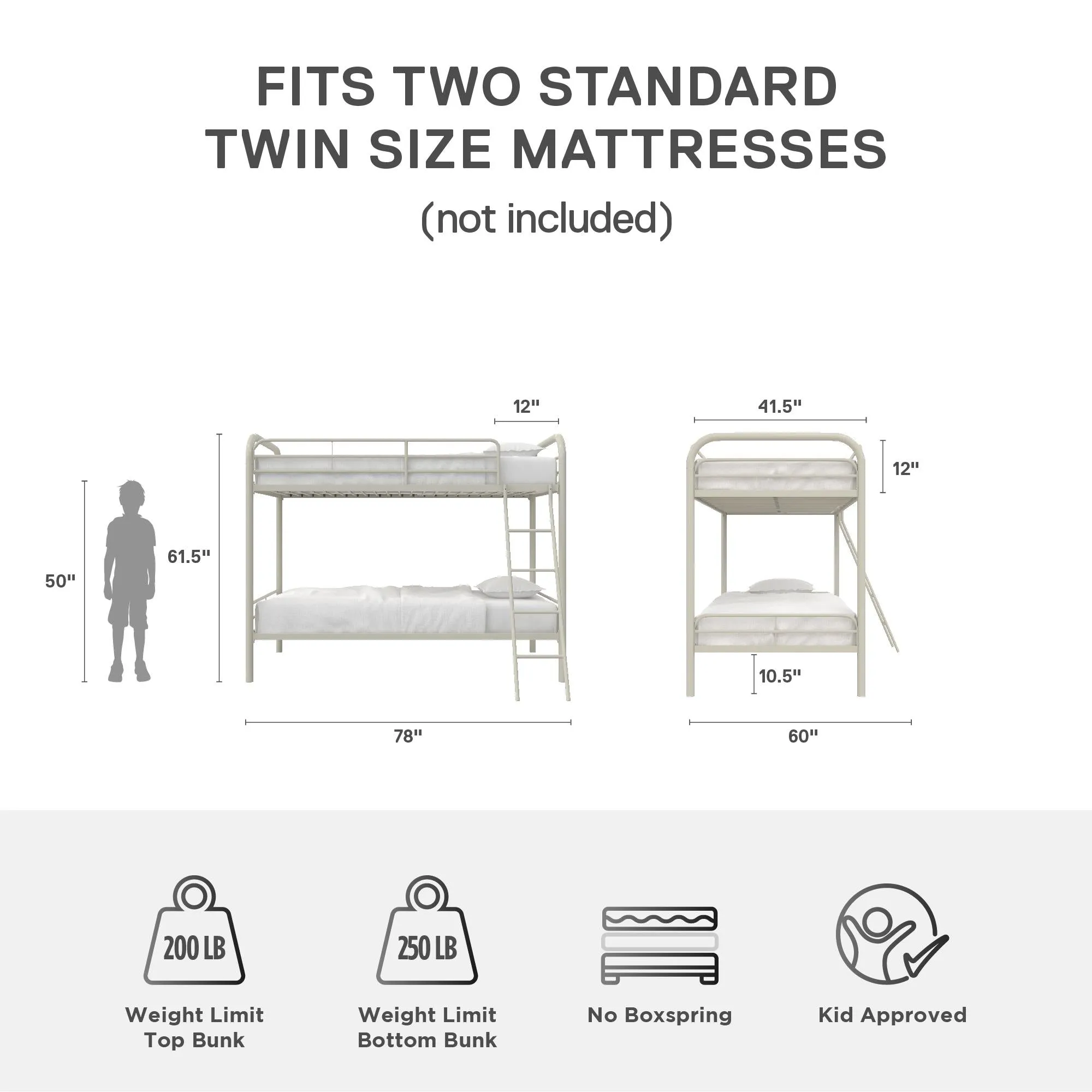 Twin over Twin Metal Bunk Bed with Slanted Front Ladder and Guardrails