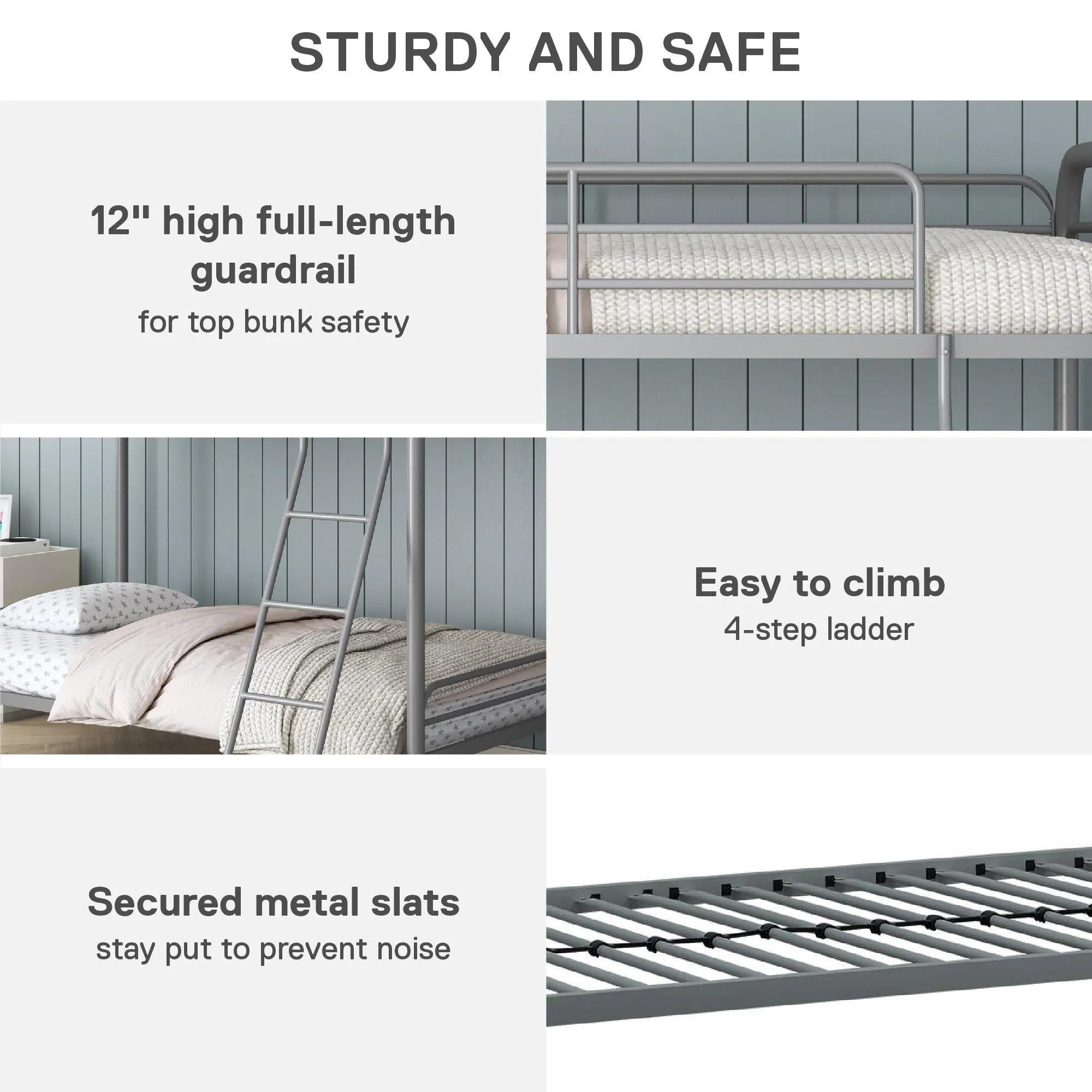 Twin over Twin Metal Bunk Bed with Slanted Front Ladder and Guardrails