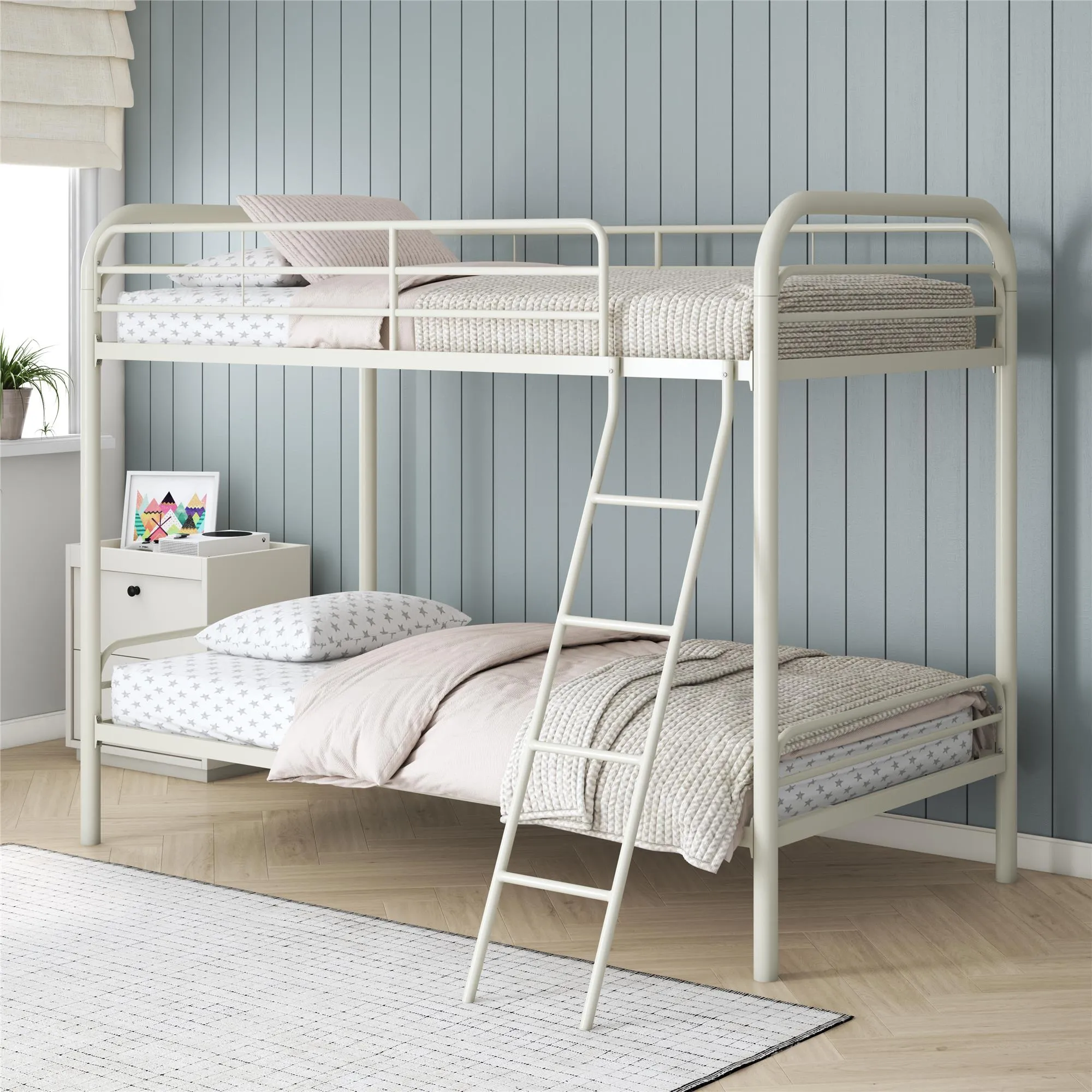 Twin over Twin Metal Bunk Bed with Slanted Front Ladder and Guardrails