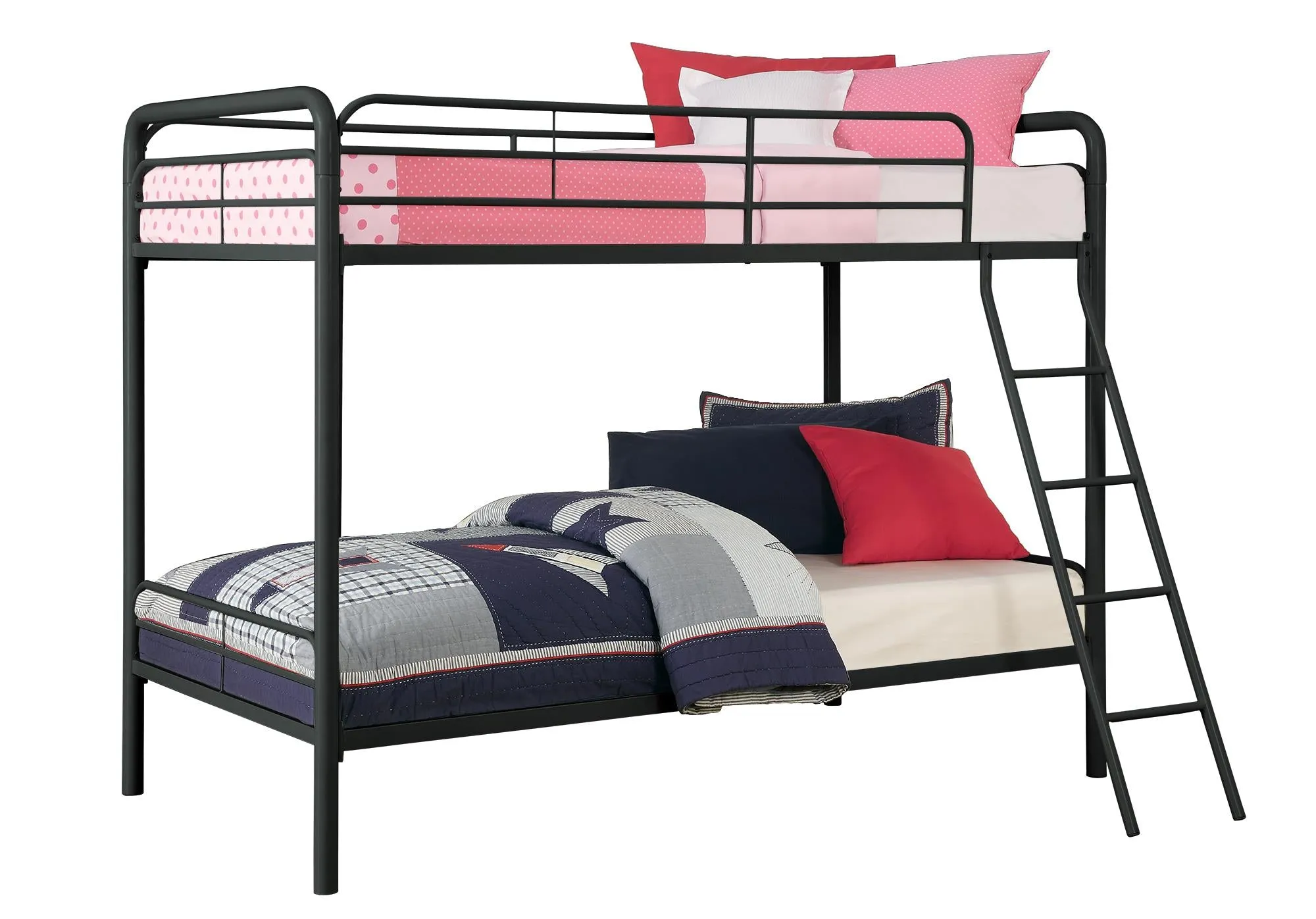 Twin over Twin Metal Bunk Bed with Slanted Front Ladder and Guardrails