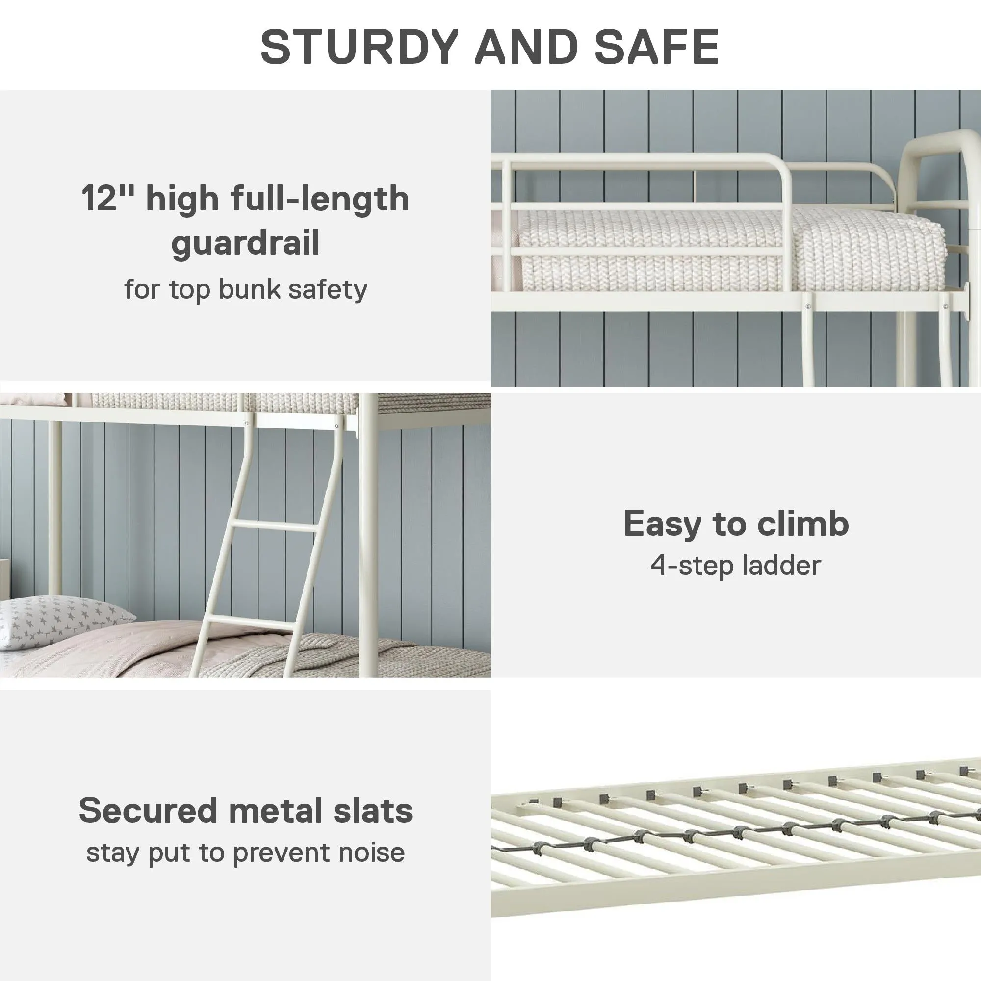 Twin over Twin Metal Bunk Bed with Slanted Front Ladder and Guardrails