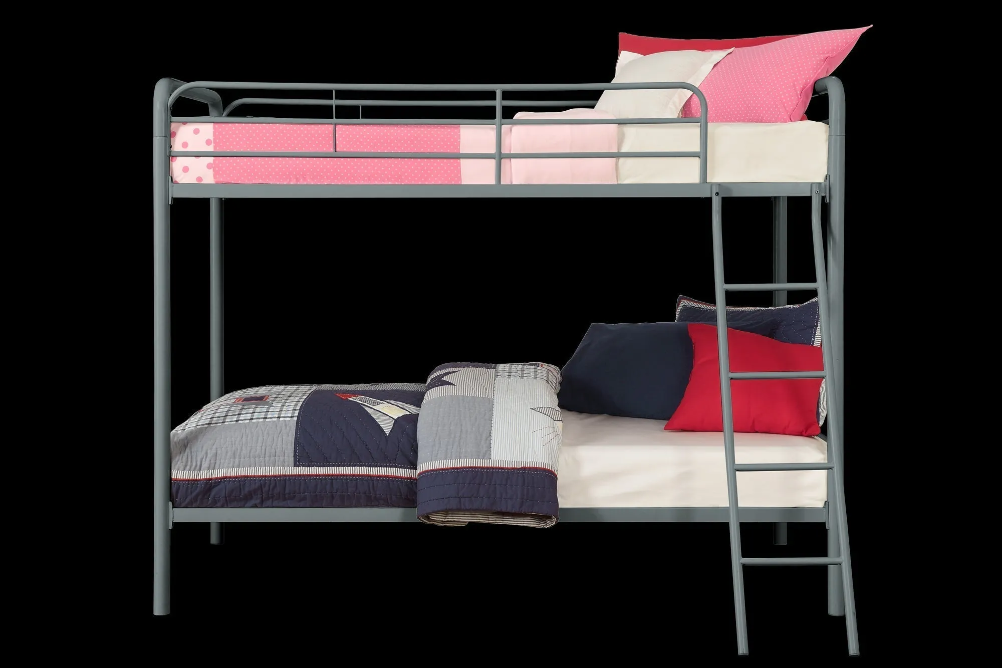 Twin over Twin Metal Bunk Bed with Slanted Front Ladder and Guardrails