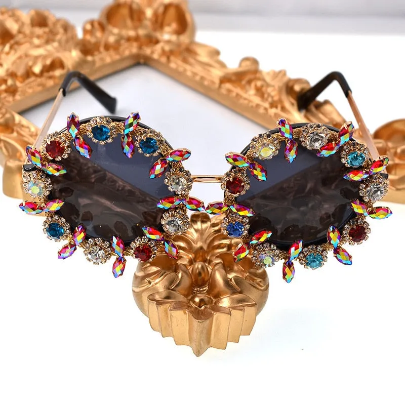 Women's Round Rhinestone Flower Designer Luxury Crystal Sunglasses
