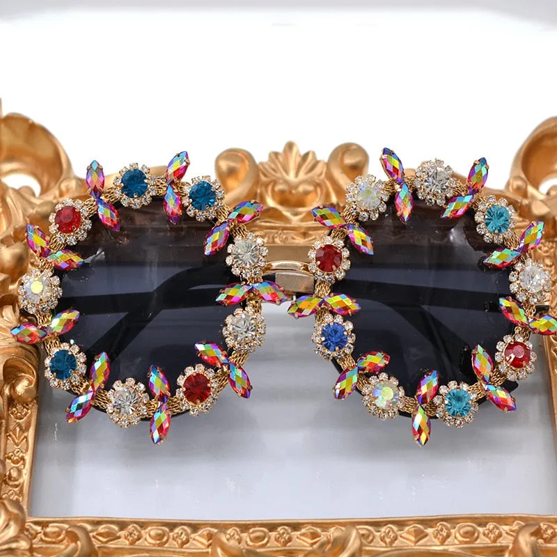 Women's Round Rhinestone Flower Designer Luxury Crystal Sunglasses