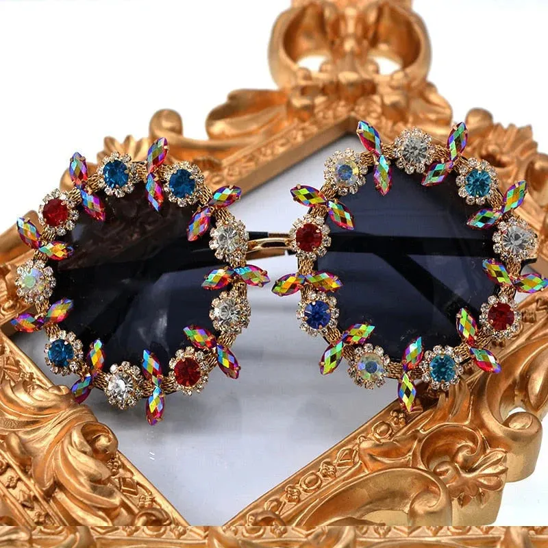 Women's Round Rhinestone Flower Designer Luxury Crystal Sunglasses