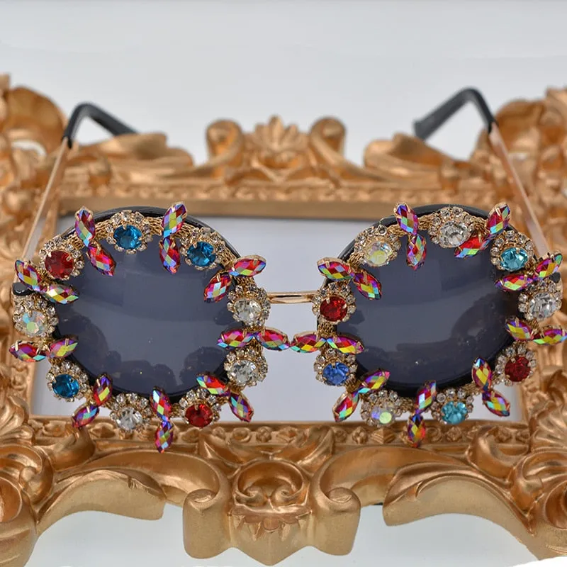 Women's Round Rhinestone Flower Designer Luxury Crystal Sunglasses