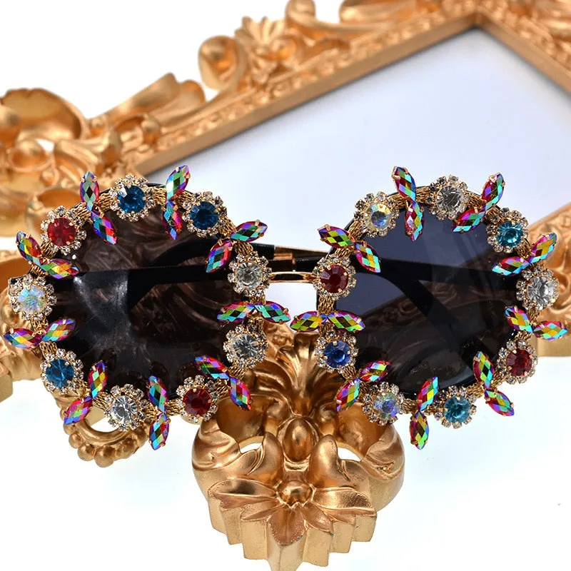Women's Round Rhinestone Flower Designer Luxury Crystal Sunglasses