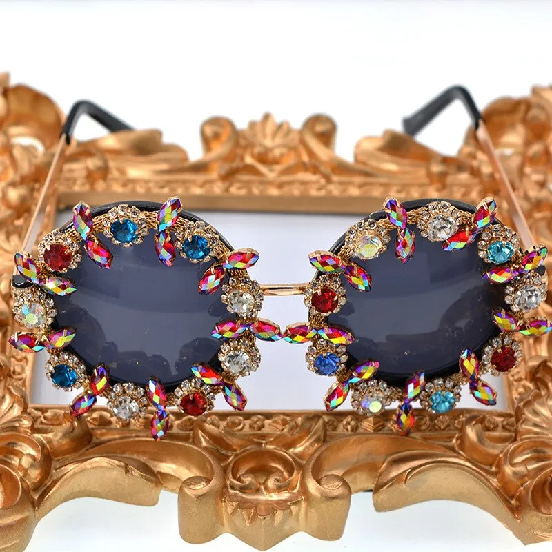 Women's Round Rhinestone Flower Designer Luxury Crystal Sunglasses