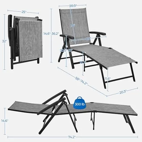 Yaheetech Outdoor Folding Chaise Lounge Set of 2 Patio Reclining Chairs w/Adjustable 7-Position Back for Beach Pool Garden Yard Deck Gray